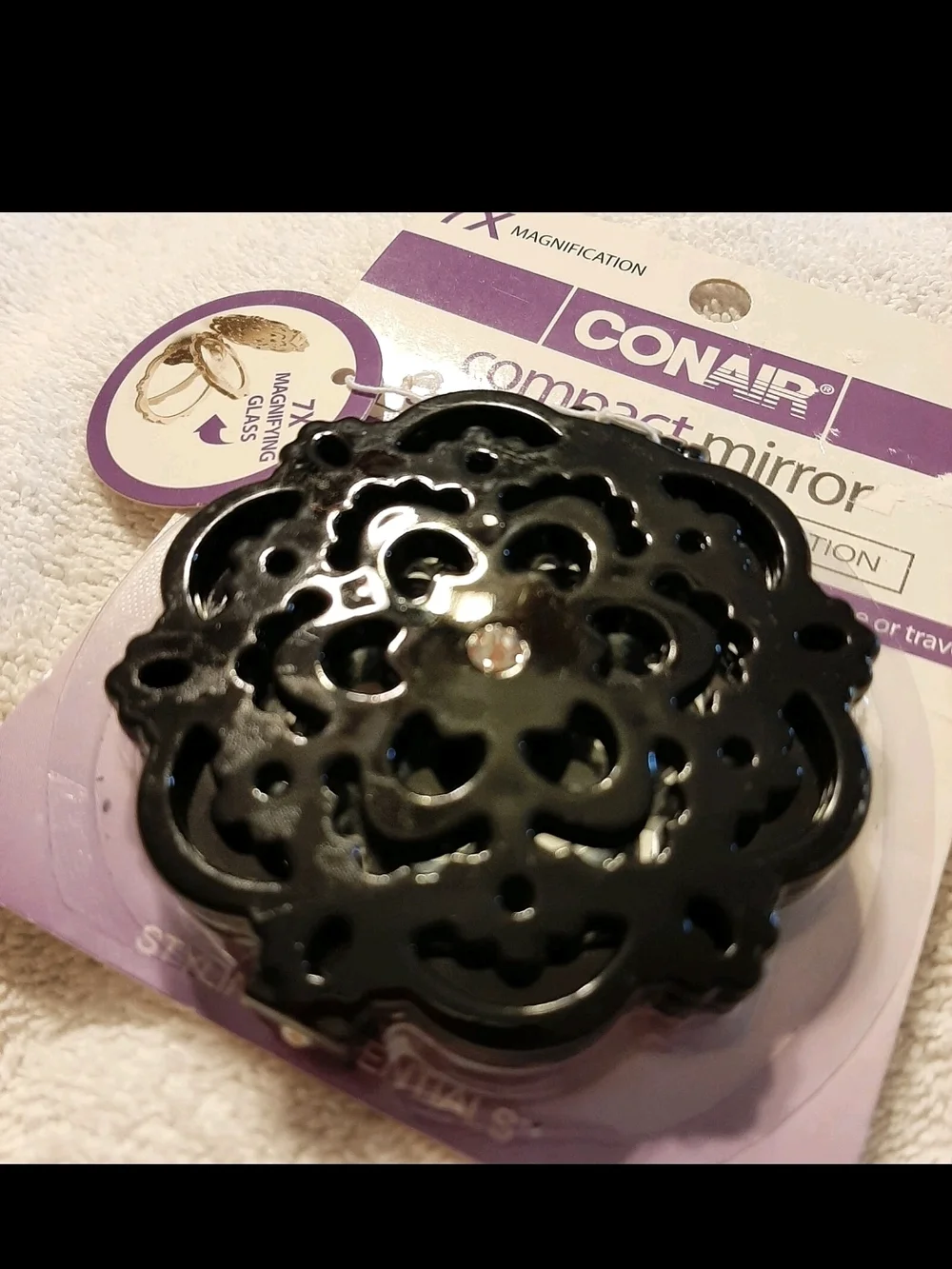 Conair 7x Magnification Compact Mirror Black 1-Piece Diamond Styling New